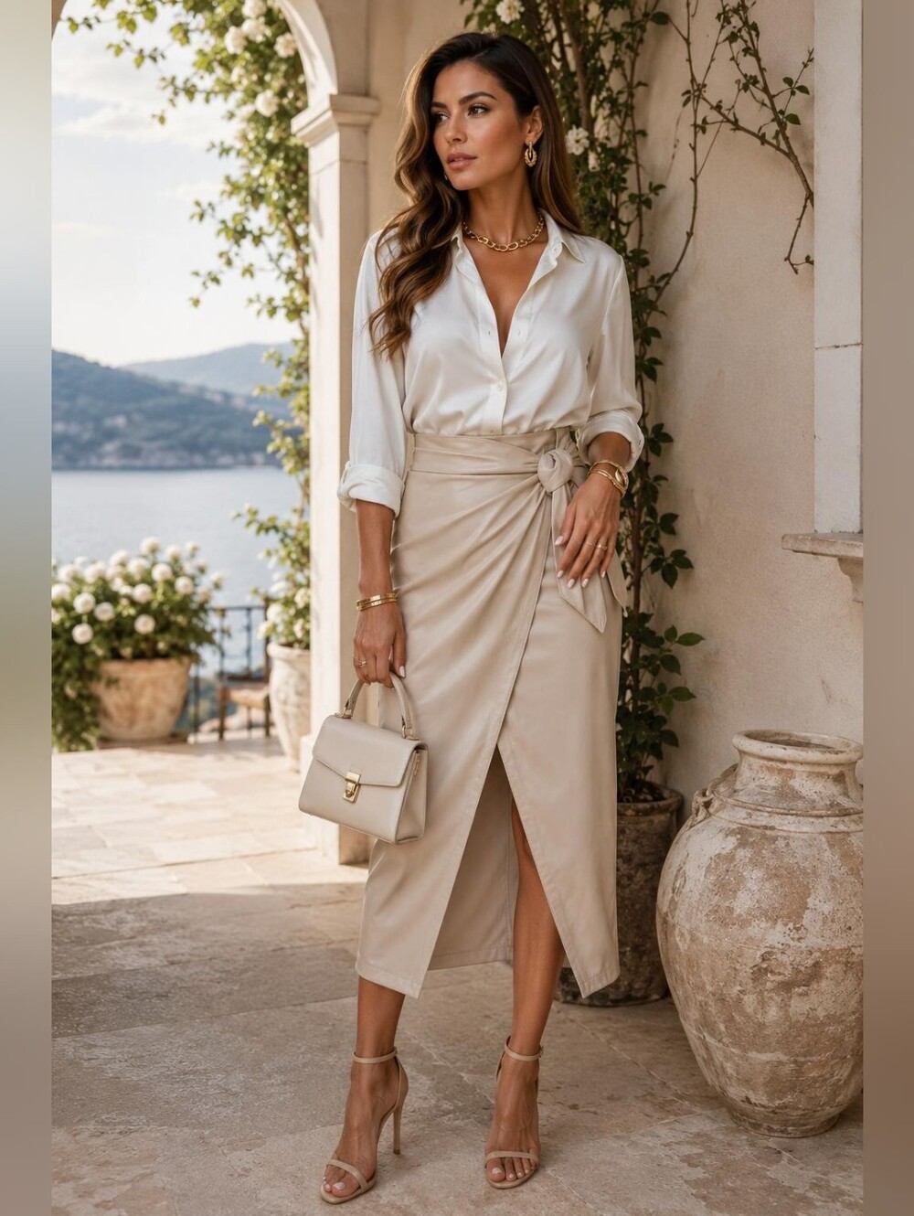 SM 10 Made In Italy Elegant Cream Wrap Midi Skirt with Knot Detail